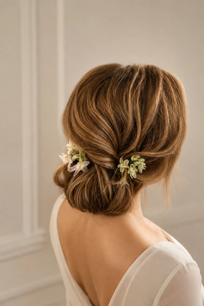 Bridal-Haarporträt mit locker gestecktem Chignon und echten Blumen im Haar. Romantische Brautfrisur mit sanften Strähnen, freiem Rücken und elegantem Brautkleid. Fotografiert bei weichem natürlichem Licht für einen zeitlosen, natürlichen Bridal-Look.