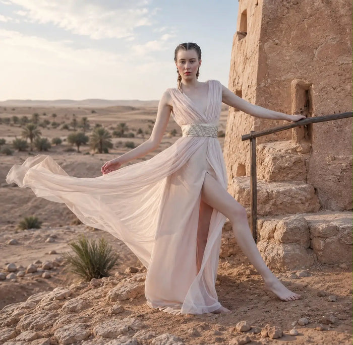 Hautfarbenes Chiffon-Abendkleid von Elisabetta Franchi in der Wüste von Tunesien. Barfußes Model mit zurückgebundenen Haaren vor historischer Architektur. Das fließende Kleid mit hohem Beinschlitz bewegt sich im Wind und vermittelt eine elegante, antik inspirierte Ausstrahlung mit natürlichem Licht und warmen Sandtönen.