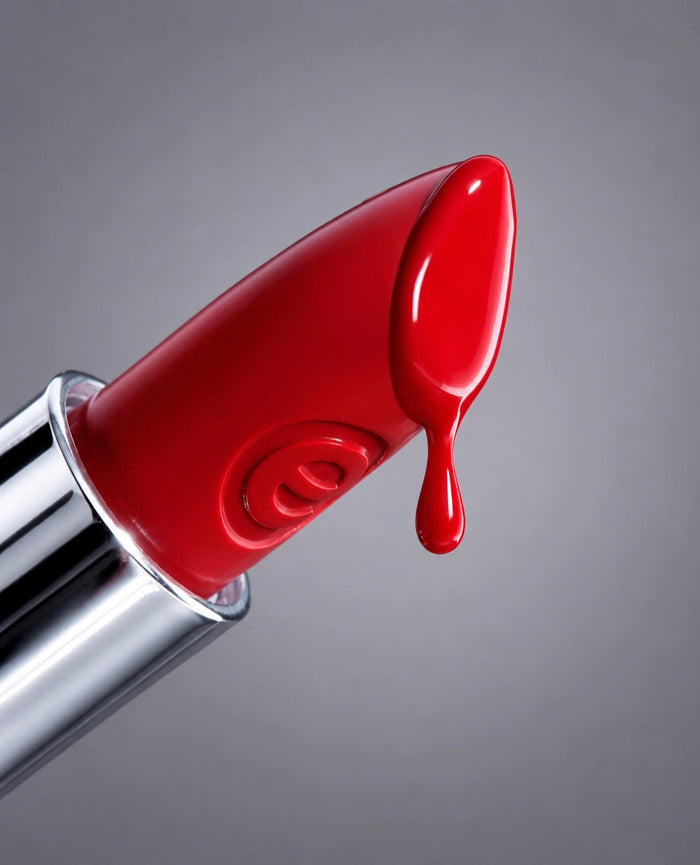 Beauty-Still-Life eines roten Essence Lippenstifts mit glänzender Lippenstiftfarbe und fließendem Farbtropfen. Professionelle Studioaufnahme für Make-up, Kosmetik und Beauty-Produktfotografie vor grauem Hintergrund.